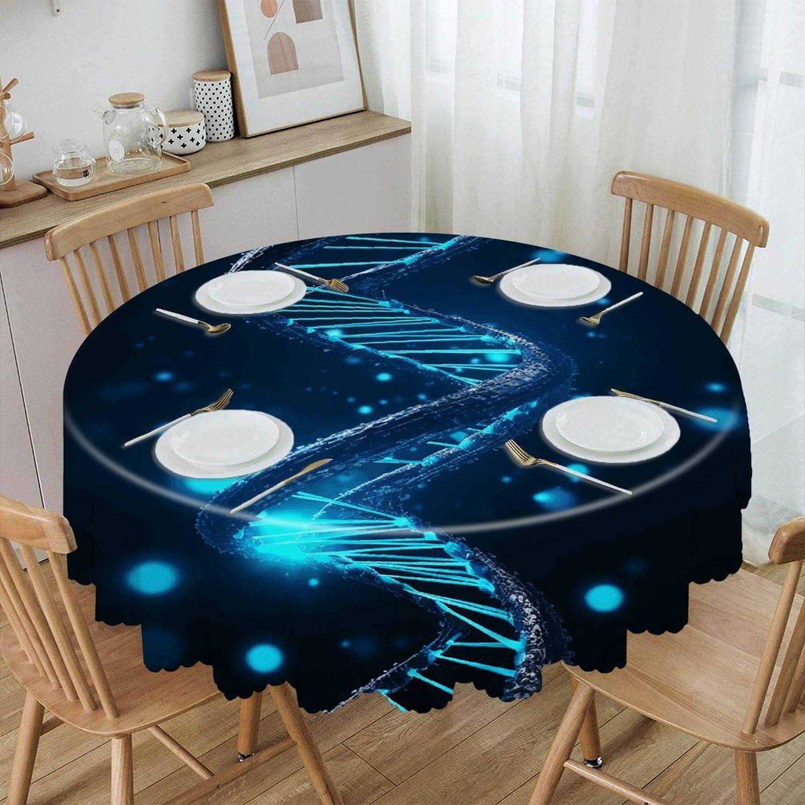 FekiLoot Blue DNA Structure Round Tablecloth Waterproof Spill-Proof Wipeable Table Cloth Wrinkle Free Circle Dining Table Cover for Dining Kitchen Wedding Parties Machine Washable