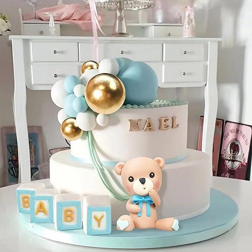 Miniatura 6 de Decoración para tartas de oso, mini oso para decoración de tartas, letras azules de bebé, esferas doradas y azules de perlas blancas para baby