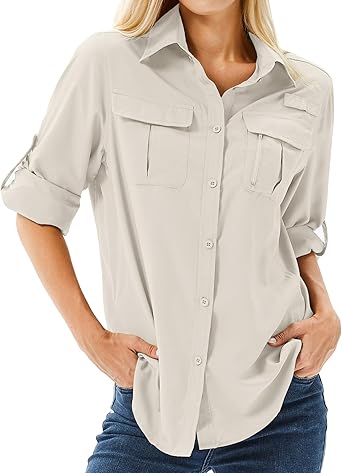 Womens UPF 50 Long Sleeve Sun Protection Shirts Safari Fishing Hiking