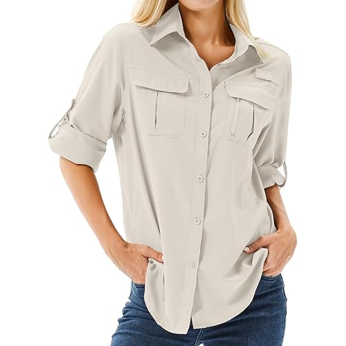 Women's UPF 50 Long Sleeve Sun Protection Shirts Safari Fishing Hiking