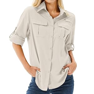 Womens UPF 50 Long Sleeve Sun Protection Shirts Safari Fishing Hiking