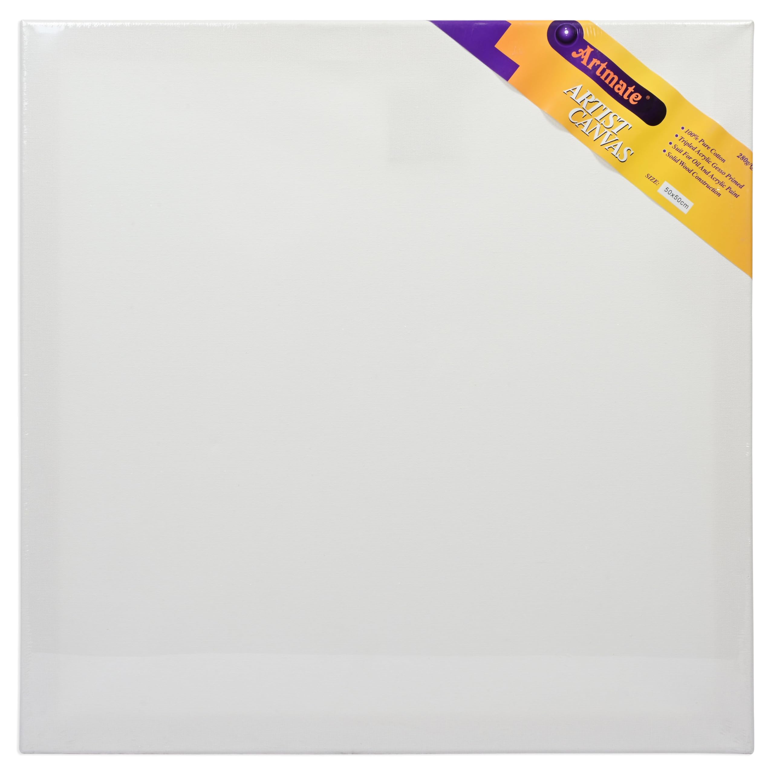 Artmate 50X50cm Stretched Canvases Back Stapled, 280 GSM, Acrylic Gesso Primed, 100% Cotton, 50cm x 50cm, 1 Piece, White, Acrylic Paint