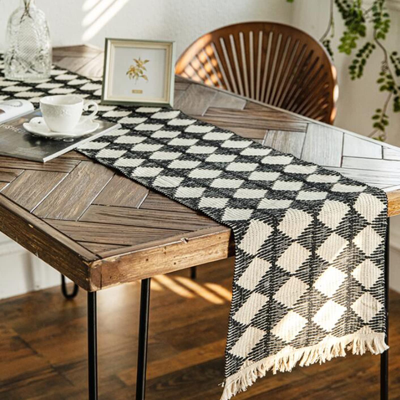 Runner Da Tavolo In Cotone E Lino | 33x183 Cm | Colori Bianco, Grigio, Oro | Decorazione Per Cucina, Sala, Comò
