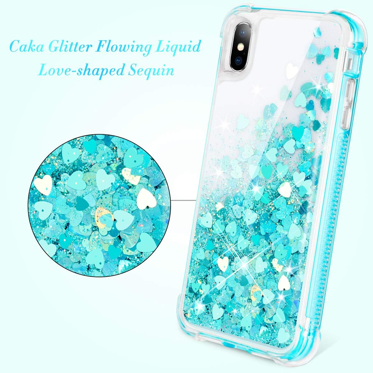 Caka Glitter Case for iPhone Xs Max Case Bling Liquid Shockproof Full Body for Girls Women Shiny Love Flowing Floating Luxury Heavy Duty Clear Phone Case for iPhone Xs Max (2018)(Teal)