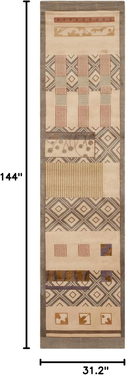 SAFAVIEH Tibetan Collection Runner Rug - 2'6" x 12', Beige & Multi, Hand-Knotted Modern Silk & Wool, Ideal for High Traffic Areas in Living Room, Bedroom (TB363A)