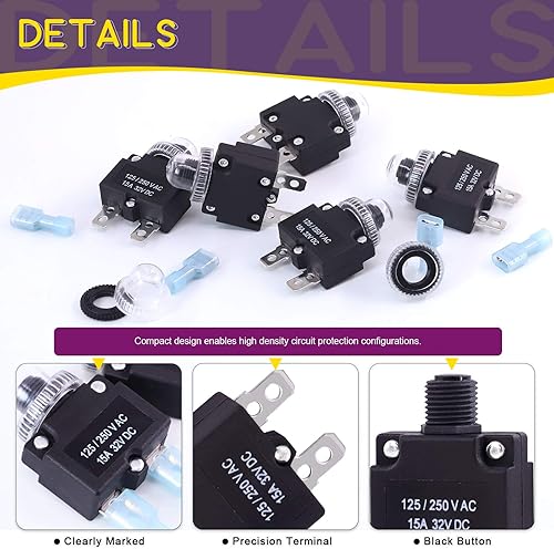Miniatura 4 de Swpeet Disyuntor térmico de 30 piezas de 15 amperios con terminales de conexión rápida y tapas de botón impermeables, kit surtido de disyuntores de