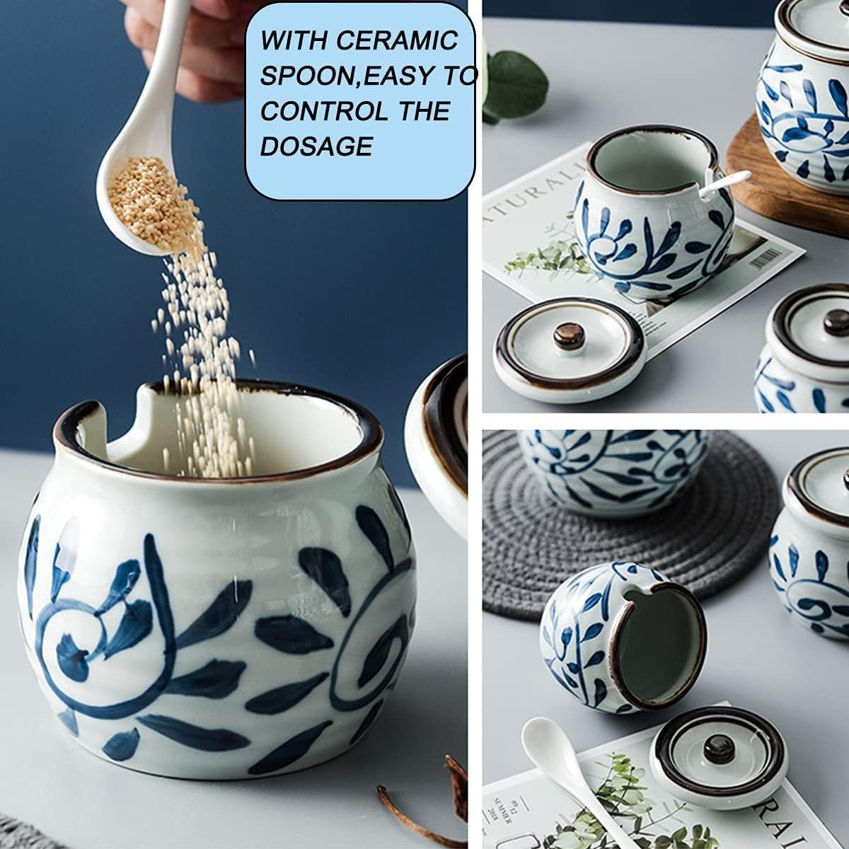 Condiment Jar Ceramic Condiment Pots with Spoon and Tray Spice Jars Containers Seasoning Box Set Japanese Style, Set of 3