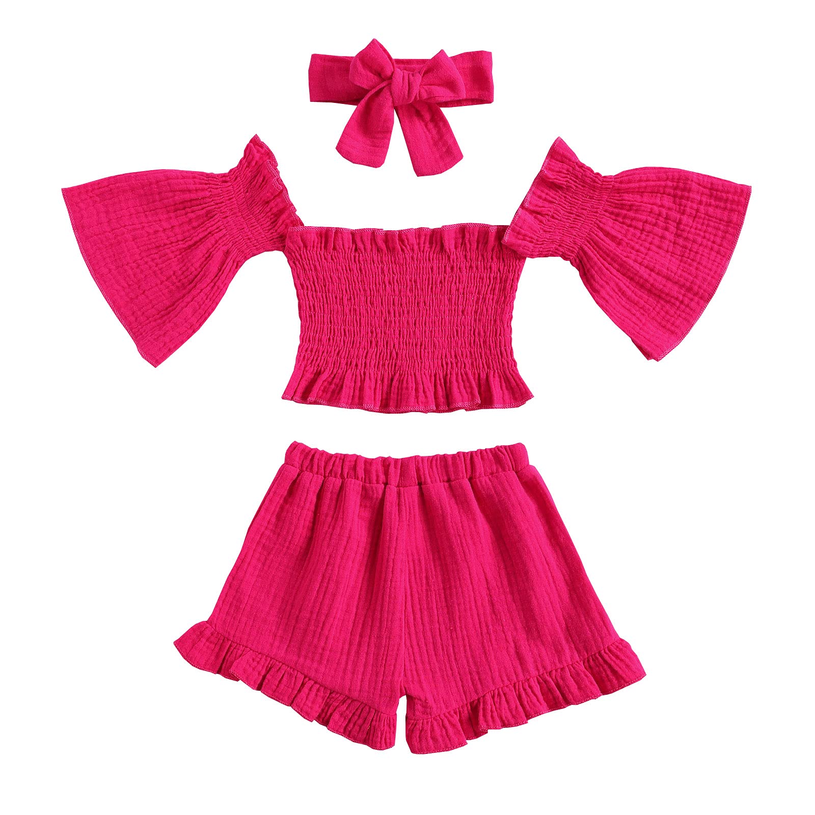 Toddler Baby Girl Shorts Set Off Shoulder Flare Sleeve Crop Tops Ruffle Shorts with Headband Summer 3Pcs Outfits(4-5years Old,Rosered)