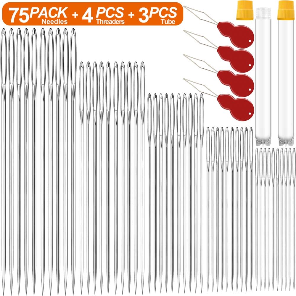 Paquete de 75 agujas de ojo grande de alta calidad para coser a mano con 4 enhebradores de aguja, tamaños surtidos, agujas de bordado para coser a mano, agujas de coser, ojo grande, aguja de ojo
