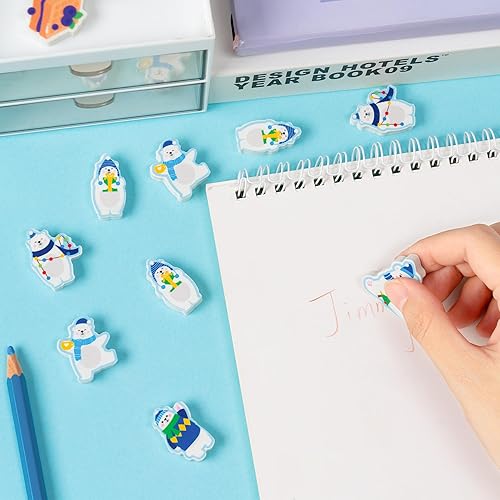 Miniatura 4 de ANGOLIO 60 piezas de borradores de dibujos animados de animales polares, borradores a granel con parte superior de lápiz, tema de invierno, patrón