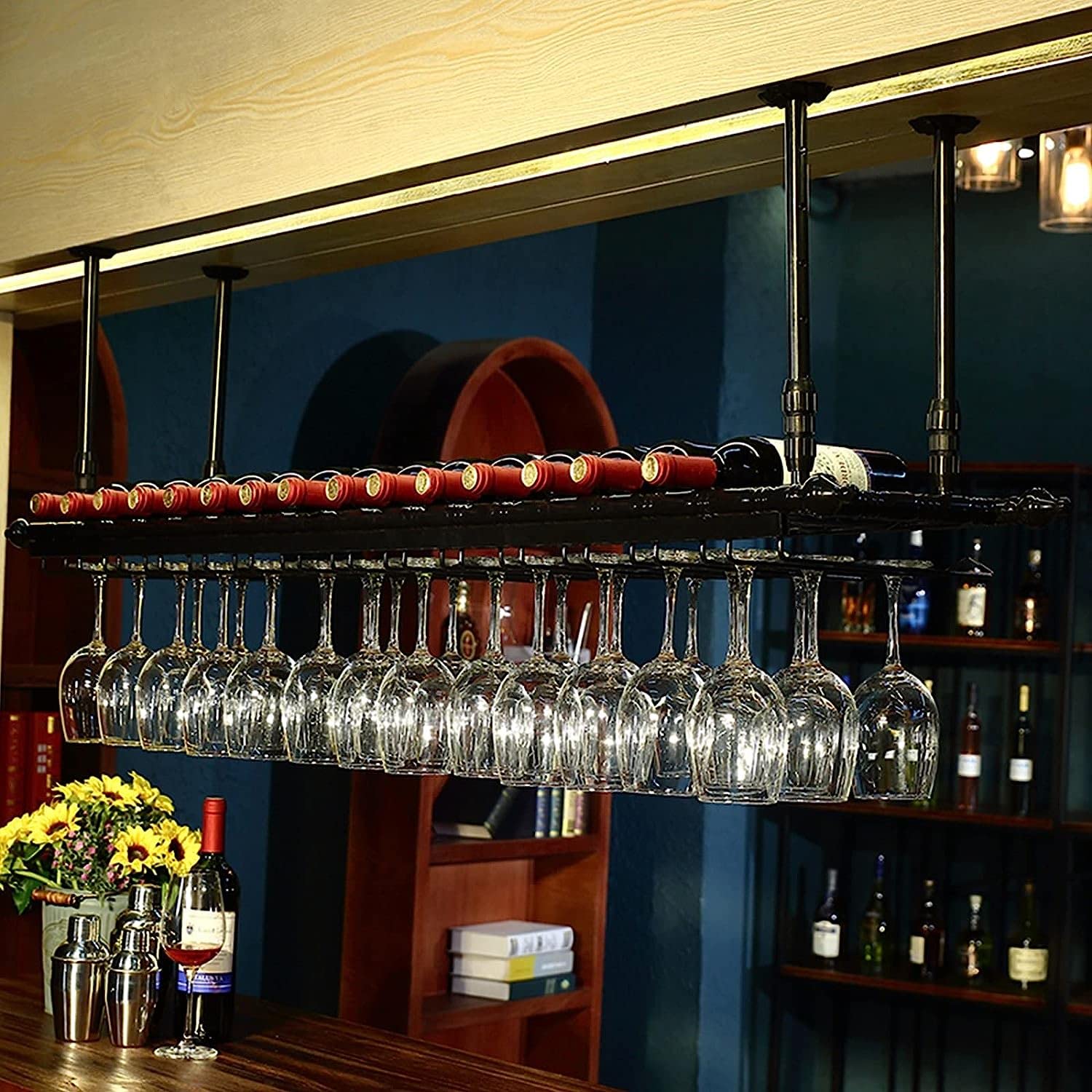 Casier à vin de plafond réglable avec support de verres suspendu en métal