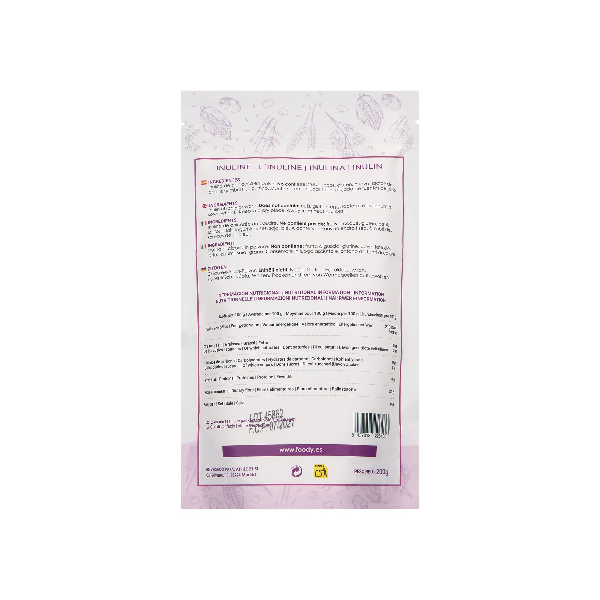 Inulina en polvo pura proveniente de la achicoria, 100% vegana, libre de gluten y alérgenos - Aporta textura y fibra a sus preparaciones - Prebiótico natural - 200gr. Envase Doypack zip