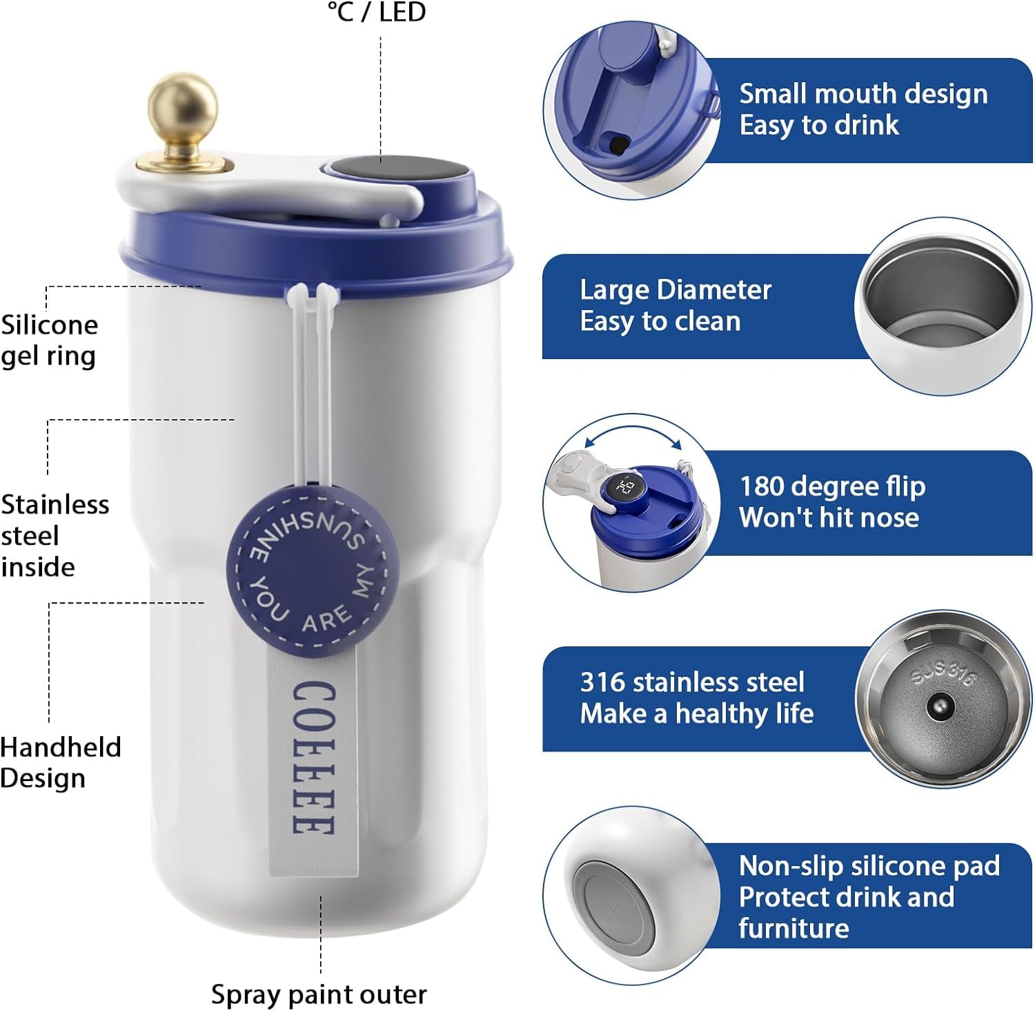 Wosta Smart Insulated Coffee Travel Mug with Touch Screen Digital Temperature Display Travel Flasks, 420 Ml, 304 Stainless Steel Reusable - Leak Proof, Thermal Mug (Brown) 1