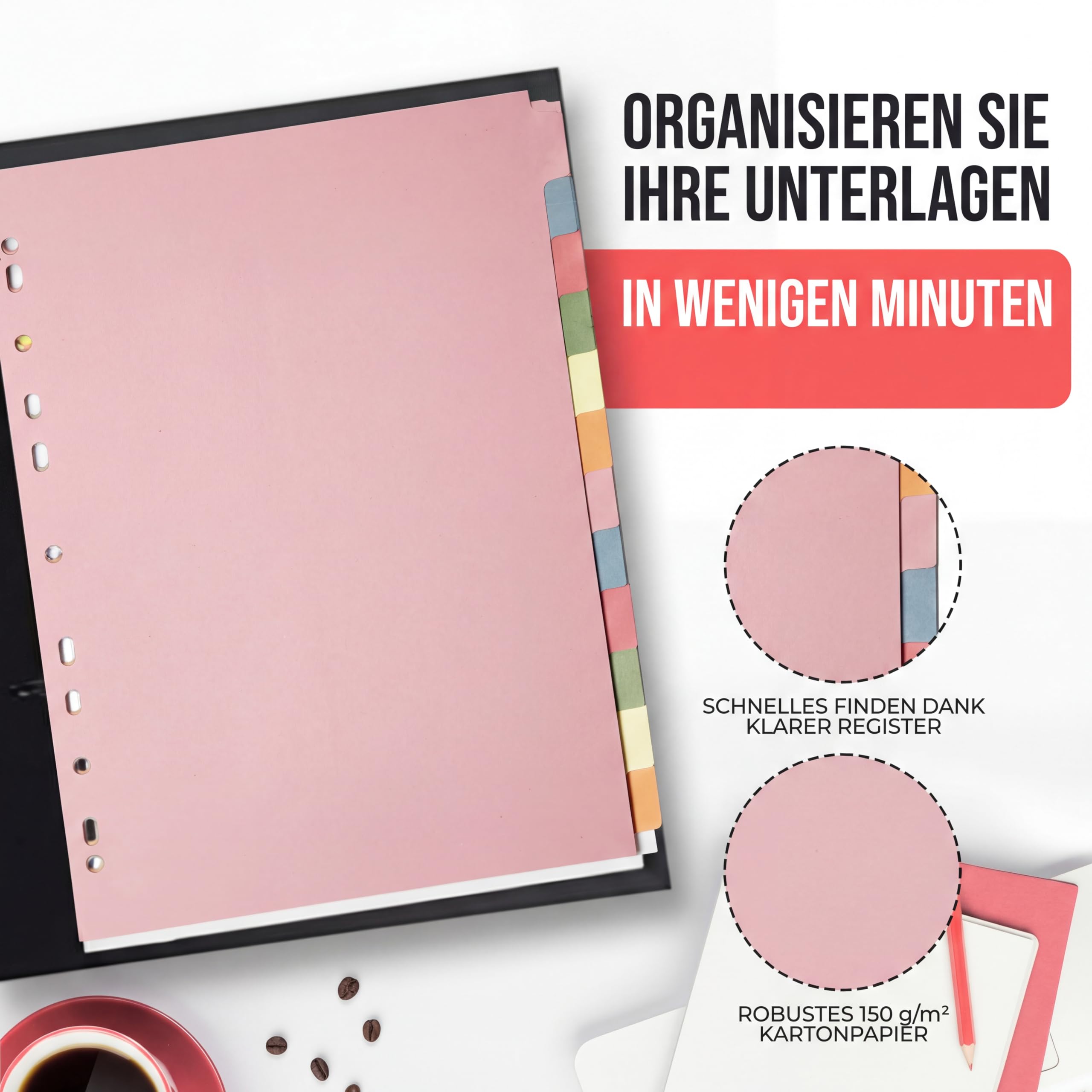 The Paper Shop A4 Ordner Register Unterteiler Hochformat 150 g/m² | 3 Pack | 12-Teilig Mehrfach Gelocht Aus Stabiler Pappe | Farbige Trennblätter für Dokumente Büro Schule Archiv Organisation