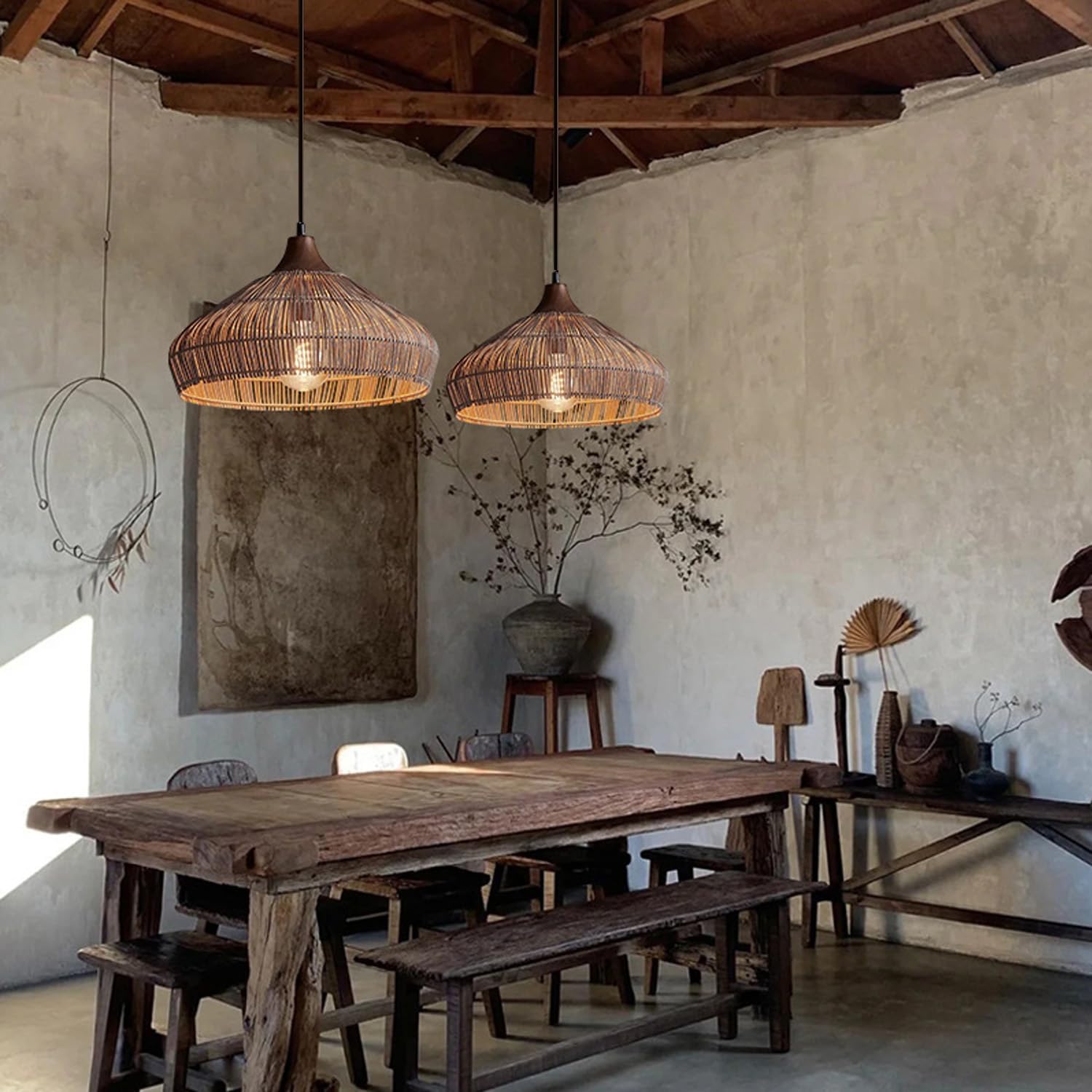 Hand-Woven Rattan Pendant Light Fixture,1-Light Basket Light Fixture,Rustic Dining Table Light,Farmhouse Style Pendant Lamp for Living Room Bedroom