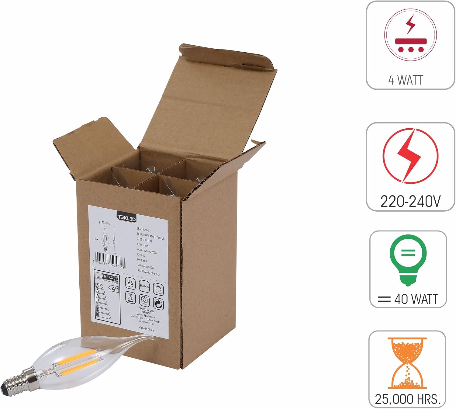 TEKLED® C35 Tail Filament Vintage LED Bulbs, Warm White, 4 Count (Pack of 1) - Image 4