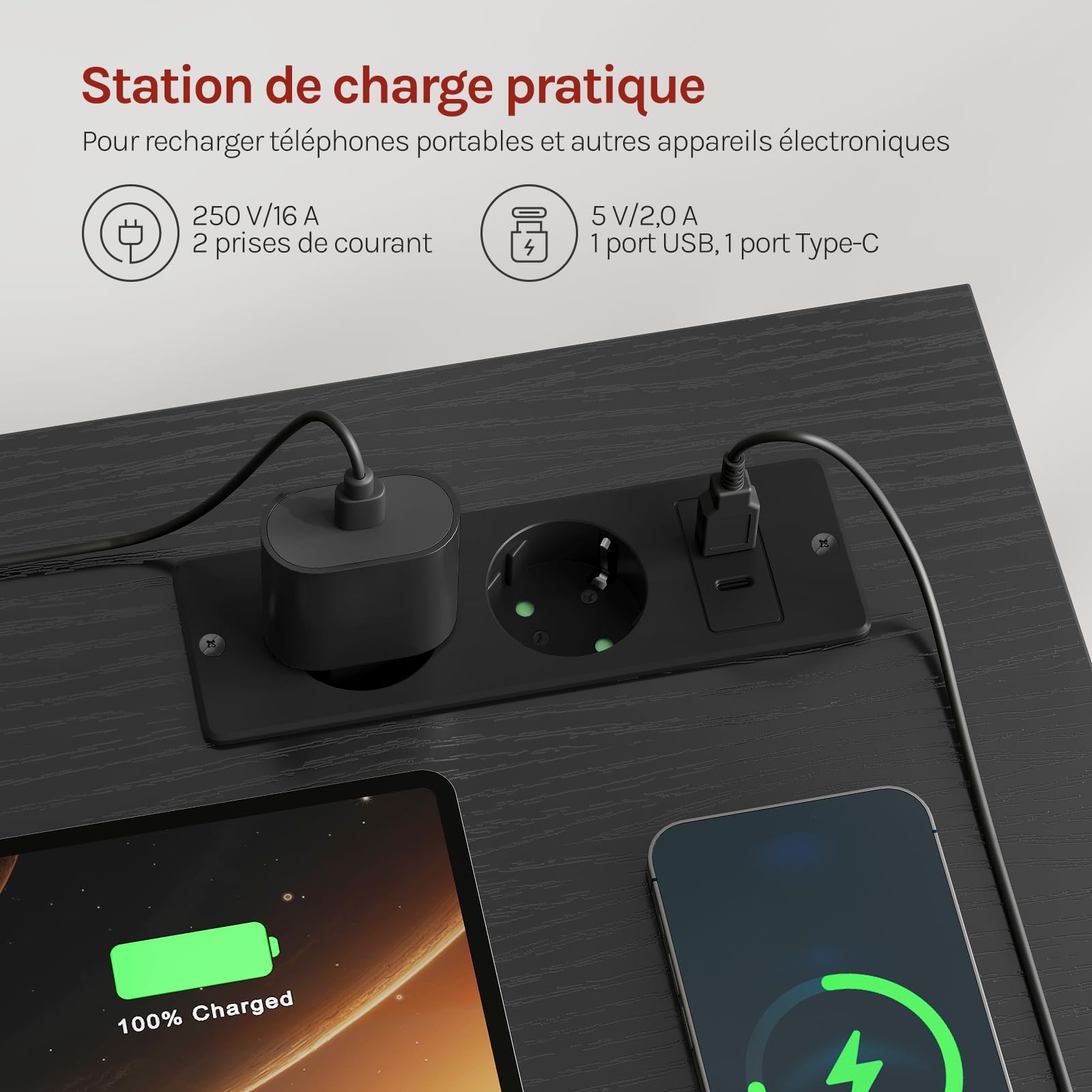 WOLTU Bureau Gaming avec Prises, Bureau d'Ordinateur avec Rangement, Noir