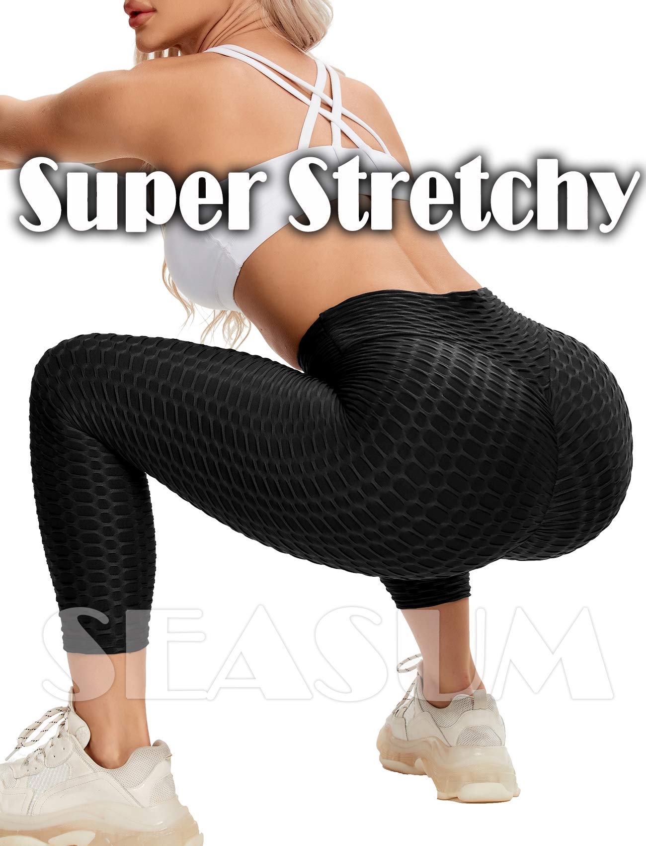 SEASUM Women High Waisted Workout Yoga Pants Butt Lifting Scrunch Booty Leggings Tummy Control Anti Cellulite Textured Tights