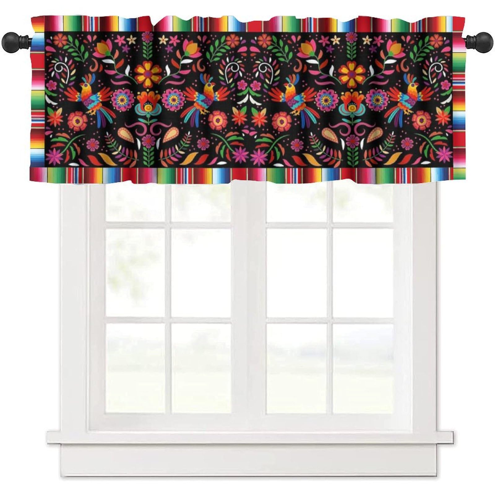 Yearn Jear Mexican Flower Fiesta Kitchen Curtains Valance Rod Pocket Cinco De Mayo Dia De Los Muertos Colorful Flower Window Treatment for Living Room