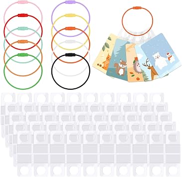 Holder for Cards Rings and Tabs, 100 PCS Clear Self Adhesive Hanging Tabs with 10 Metal Rings, Plastic Sticky Hang Tags for Retail Display, Card Accessories Organizer for Storage and Display
