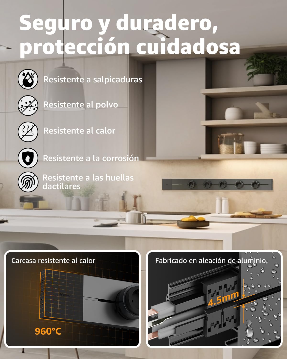 GONEO Carril Mural 50cm, 4 Tomas Schuko F 16 A, sustituye una Toma de Pared | Módulos deslizantes y reposicionables, montaje mural sin obras, bloqueo seguro, para cocina, salón, oficina y hogar