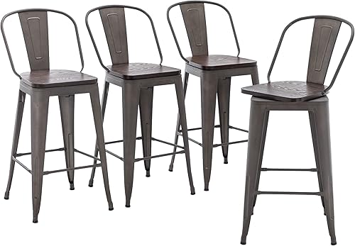 Miniatura 11 de Juego de 4 taburetes de bar giratorios de metal de 30 pulgadas, taburetes de bar industriales de respaldo alto con asiento de madera grande, color