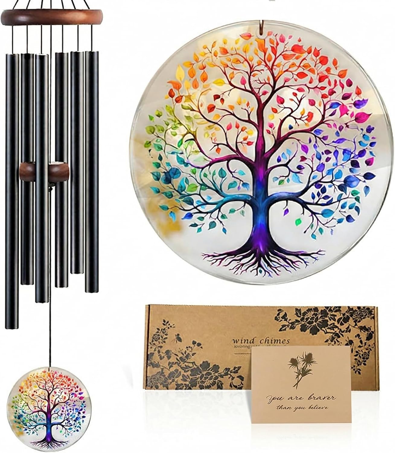 Tree of Life Wind Chimes for Outside, Deep Tone Outdoor Wind Chime with Colorful Wind Catcher, 6 Aluminum Tubes, Garden Porch Patio Decor, Memorial & Birthday Gift (34" Tree of Life)