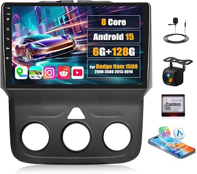 [8 Core 6G+128G] Android 15 Car Radio for Dodge Ram 1500 2500 3500 2013-2019,9" Touchscreen Car Stereo with Wireless CarPlay Andriod Auto,Bluetooth,Mirror Link,GPS,SWC,WiFi,FM/RDS,Backup Camera