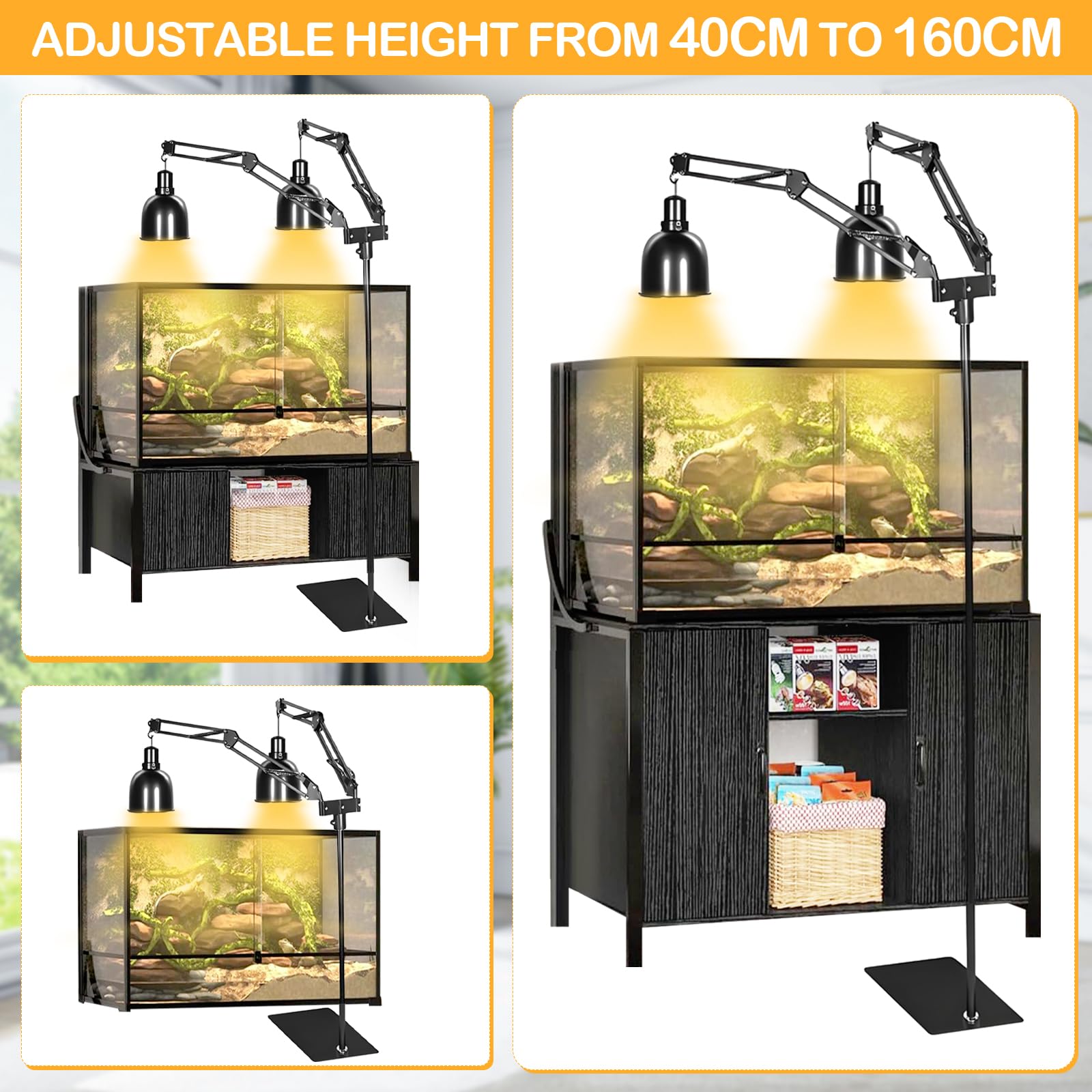 Soporte de Lámpara de Reptiles, Altura Ajustable 40-160CM, Rotación de 360°, Soporte de Luz de Suelo Telescópico de Reptiles con 2 Ganchos para Tortugas, Ciempiés y Arañas