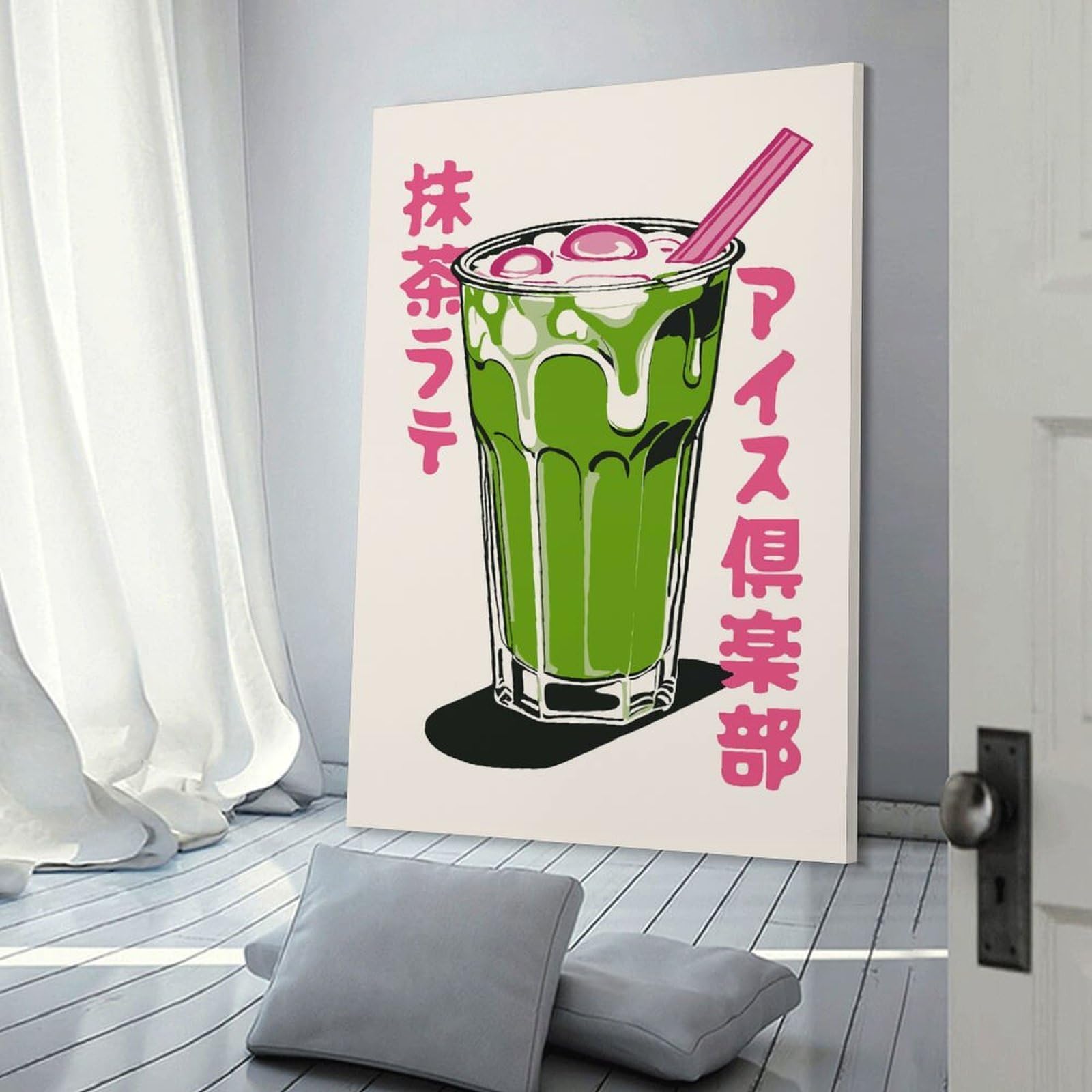 Junmoney Wall Picture Print Matcha Latte Illustration, 24x36inch(60x90cm), for Wall Displays, Bedrooms Or Room Updates, Wall Decor Suited to Curated Displays