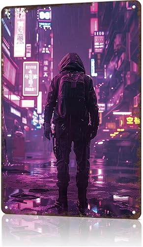 Cyber Night City Vintage City Landscape Metal Tin Sign, Retro Travel Tin Signs Posters For Man Cave Bar Garage Car Room Streets Wall Decor 8 X 12