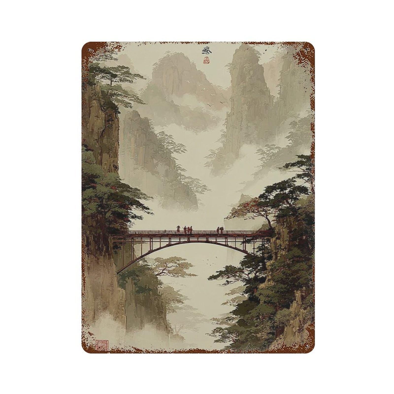 xiaoxiaoshen Japanese Mountain Bridge Misty Landscape Oriental Scenic Nature Wall Decor Art Metal Tin Poster Modern Home Decor Art Home Bar Shop Decorations Vintage Sign 40x30cm