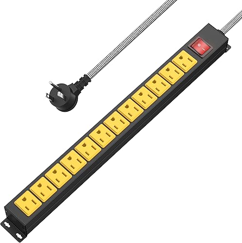 Miniatura 10 de Tira de alimentación de metal de 8 tomas, resistente y espaciada, cable de extensión trenzado de 9.84 pies y 14 AWG para el hogar, oficina, escuela,