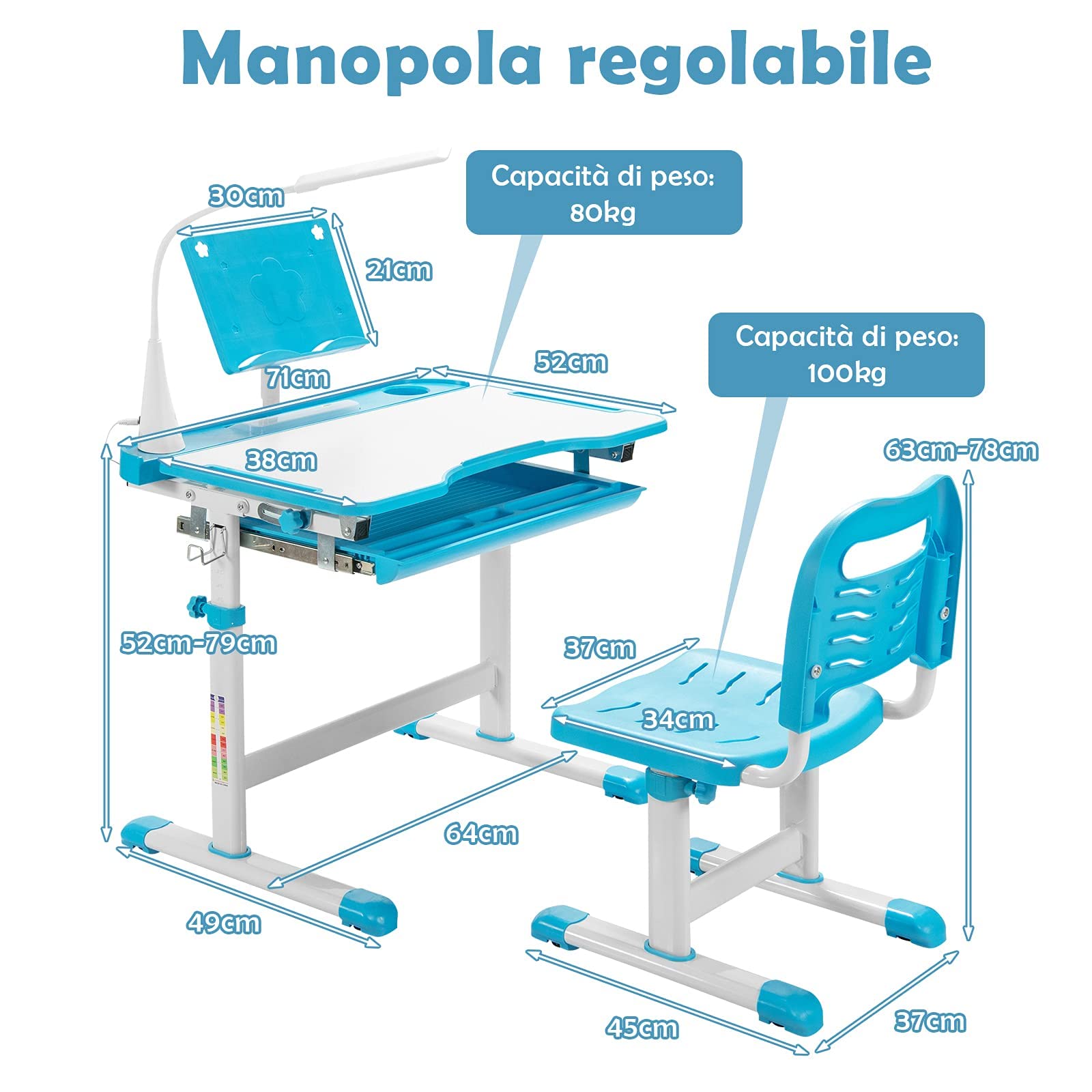 RELAX4LIFE Set Tavolo e Sedia per Bambini, Superficie di Lavagna Inclinabile con Ripiano Organizer Scorrevole, Scrivania con Lampada a LED e Leggio Regolabili, Scrivania e Sedia Multiattività (Blue)