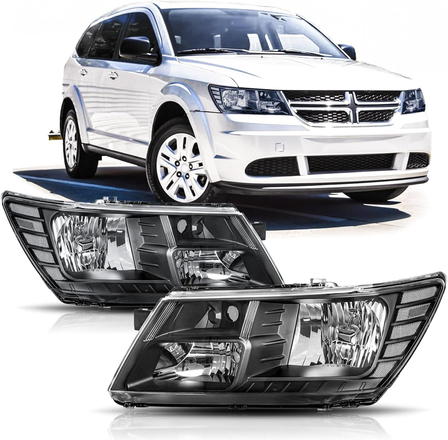 Headlights Assembly compatible with 2009-2020 Dodge Journey Halogen Headlamp Head light Pair, Black Housing Clear Reflector