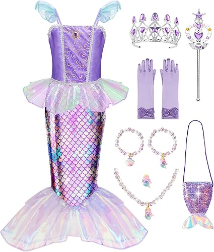 Meland Vestido de Sirena Disfraz de La Sirenita con Bolsa para Niñas de 3-10, Vestido de Princesa para Regalo de Cumpleaños, Disfraz de Halloween