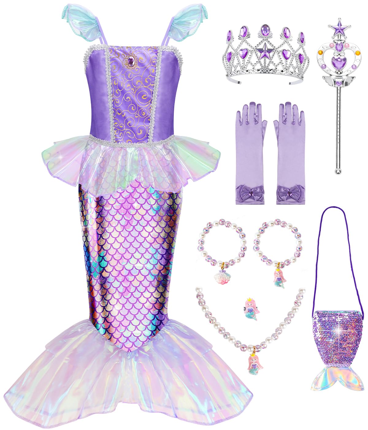 MELAND Mermaid Costume Kids, Princess Costumes for Girls Gift Aged 3-8, Little Mermaid Dress Up for Girls Halloween, Party(S)