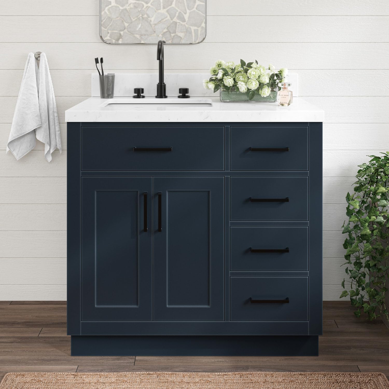ARIEL Hepburn 36" Midnight Blue Bathroom Vanity, 1.5" Edge Carrara Quartz Countertop & Splash, Left Rectangular Sink, 2 Soft Closing Doors, 5 Full