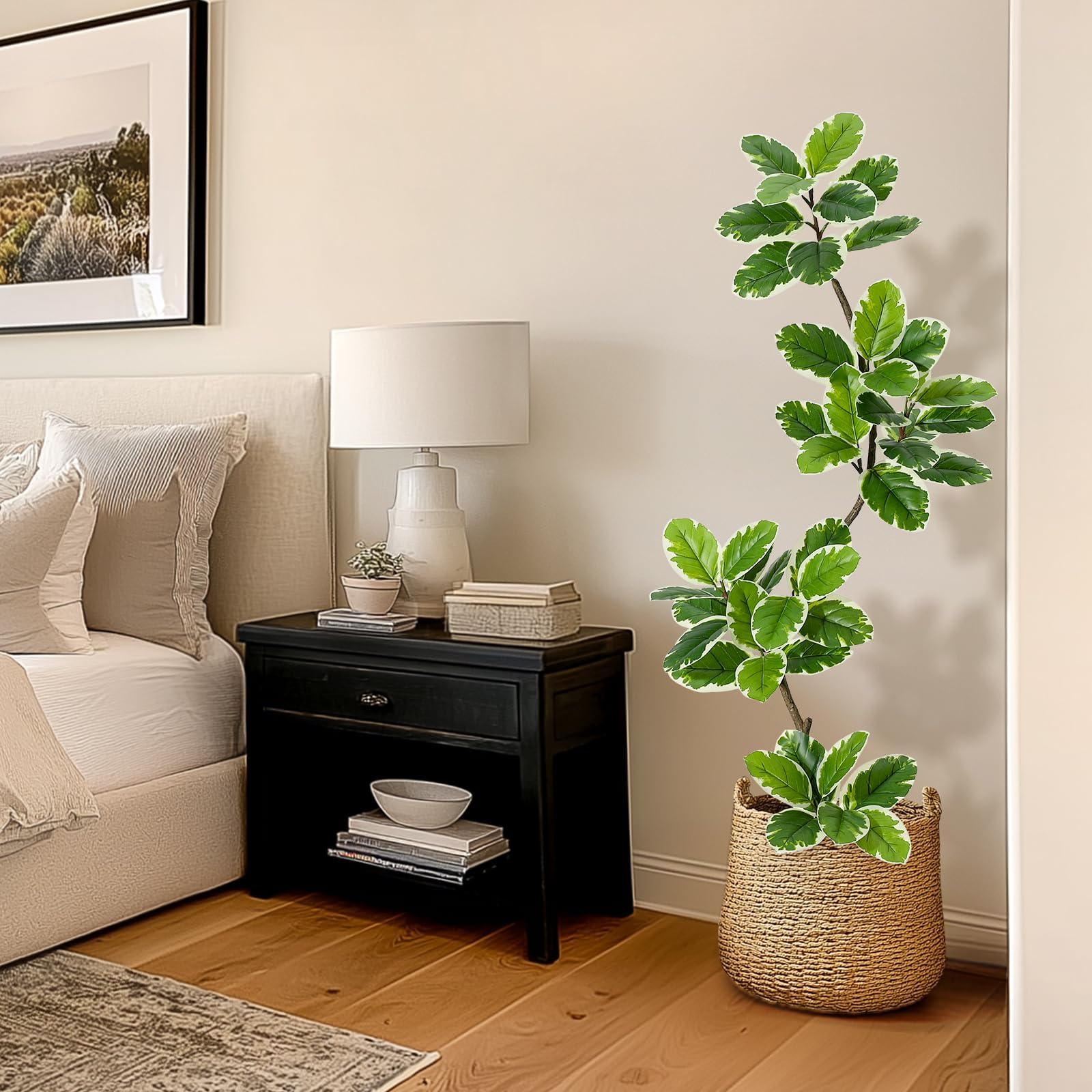 Künstlicher Gummibaum Ficus Lyrata, Große Kunstpflanze Mit Übertopf Und Steinen,Pflegeleicht Und Realistisch, Deko Wohnzimmer Deko Kunstpflanzen,Groß Als Bodengewächs Perfekte Wohnung Und Büro,150 cm