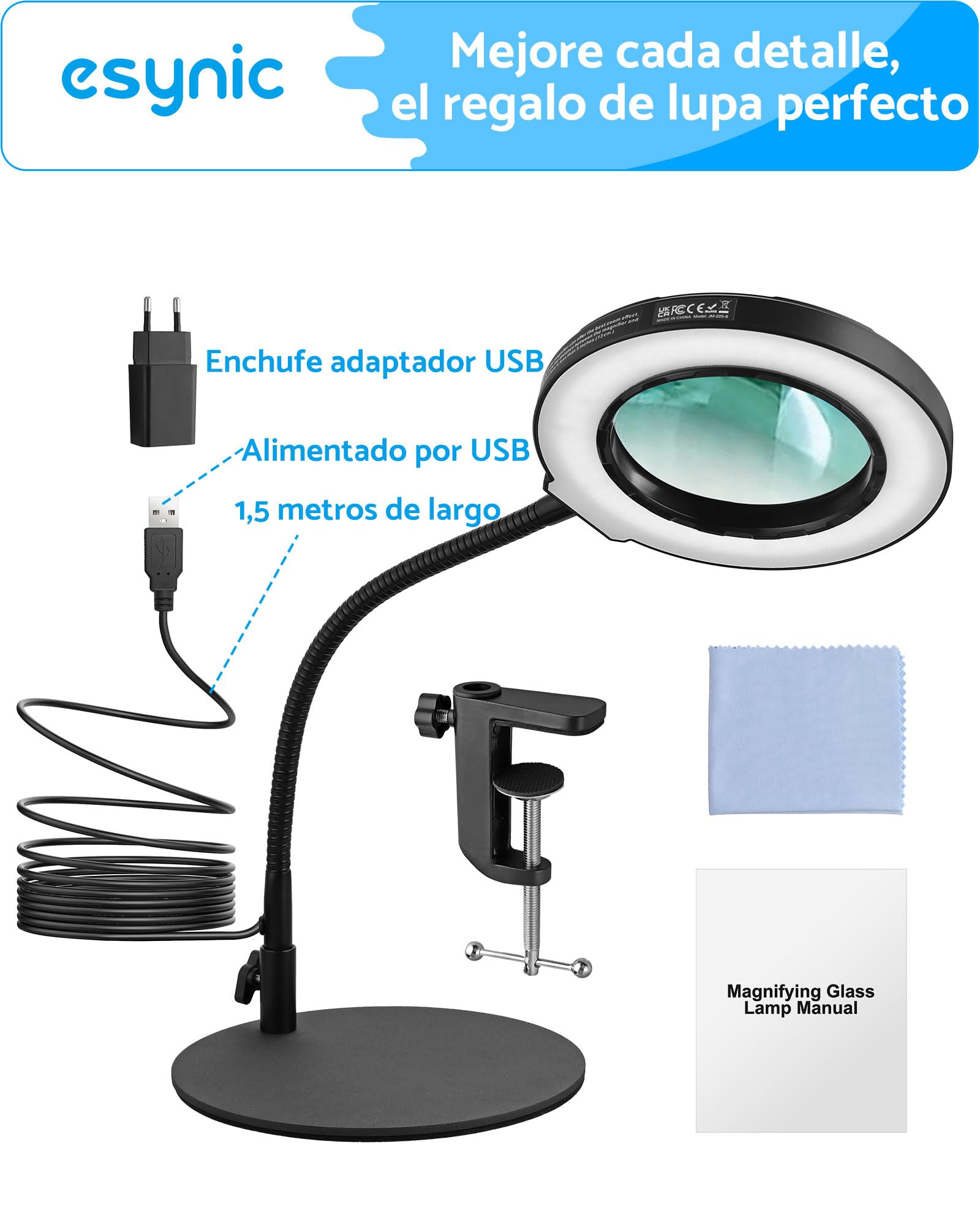 eSynic Lupa con Luz LED 8X Profesional Lámpara de Mesa con 72 LED Ajustables, 10 Niveles de Brillo + 5 Temperaturas de Color, Base de Metal Pesado y Brazo Flexible de 35cm para Lectura/Manualidades