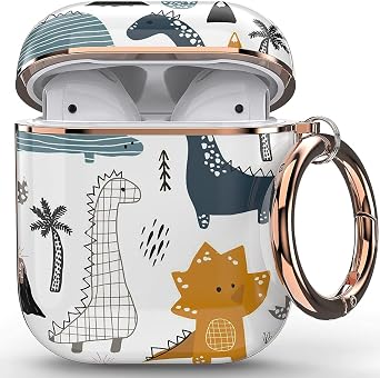 wenew for AirPod Case, Flower AirPods Hard Case Cover with Keychain for Women Men, AirPod 1st & 2nd Generation case Dino