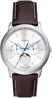 Neutra Relógio cronógrafo masculino com pulseira de aço inoxidável ou pulseira de couro genuíno, Prata, marrom, fase da lua, One Size, Neutra masculino
