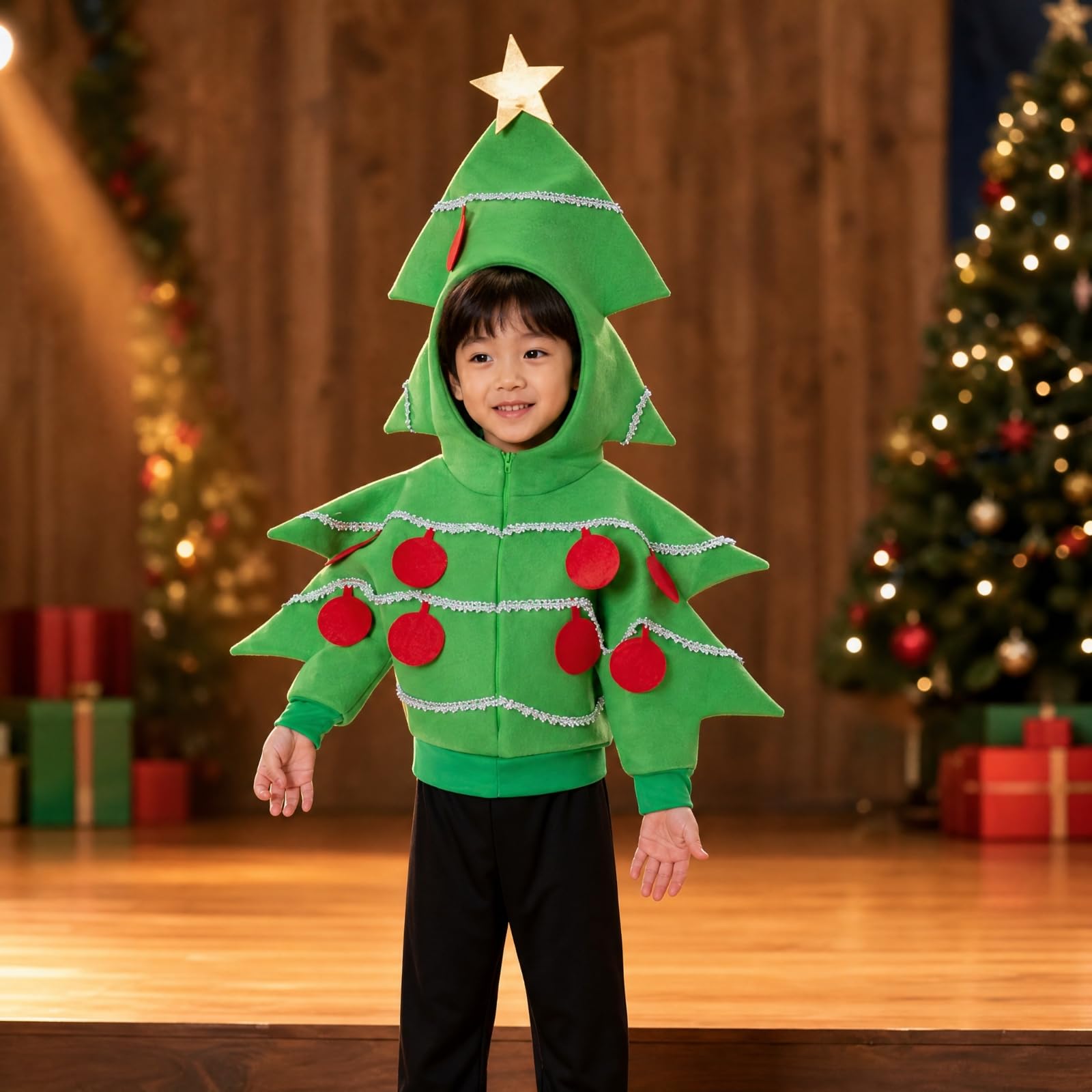 Costume Albero di Natale con Cappuccio Costume Natalizio con Applicazioni a Palline Dorato per Foto Festive