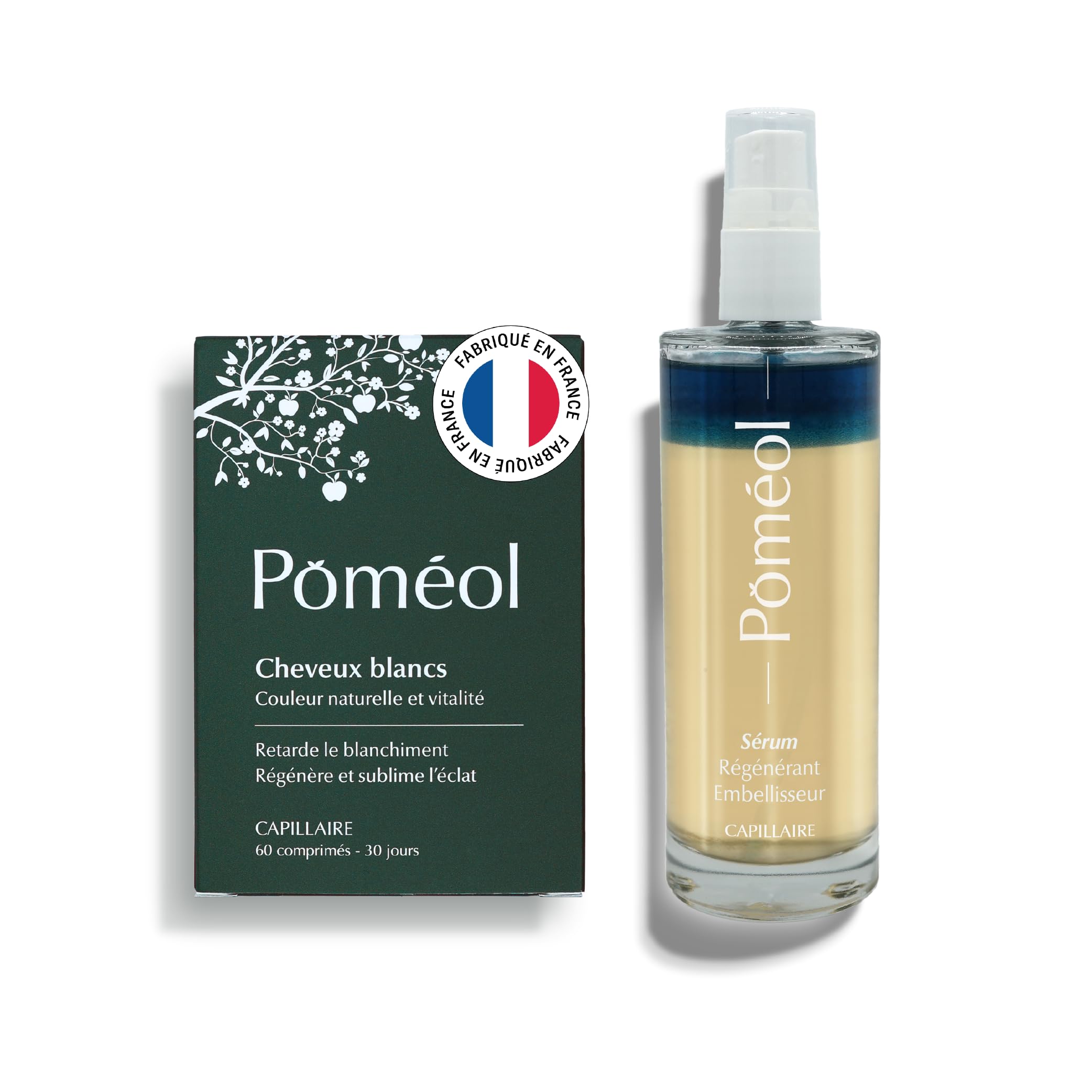 Pack Pigmentation Cheveux Blancs & Gris | Sérum Régénérant & Embellisseur + Complément Alimentaire 30 jours Pigmentation Cheveux Blancs & Gris | Spécial Couleur | Pousse, Volume et Anti-chute | POMÉOL