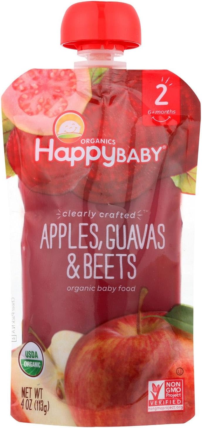 Happy Baby, Clearly Crafted Stage 2 Organic Baby Food, Apple Guava and Beet, 4 oz, Clear Pouches Let You See Every Delicious Bite, Stage 2 Baby Food Pouches Are Great for 6 Months and Up
