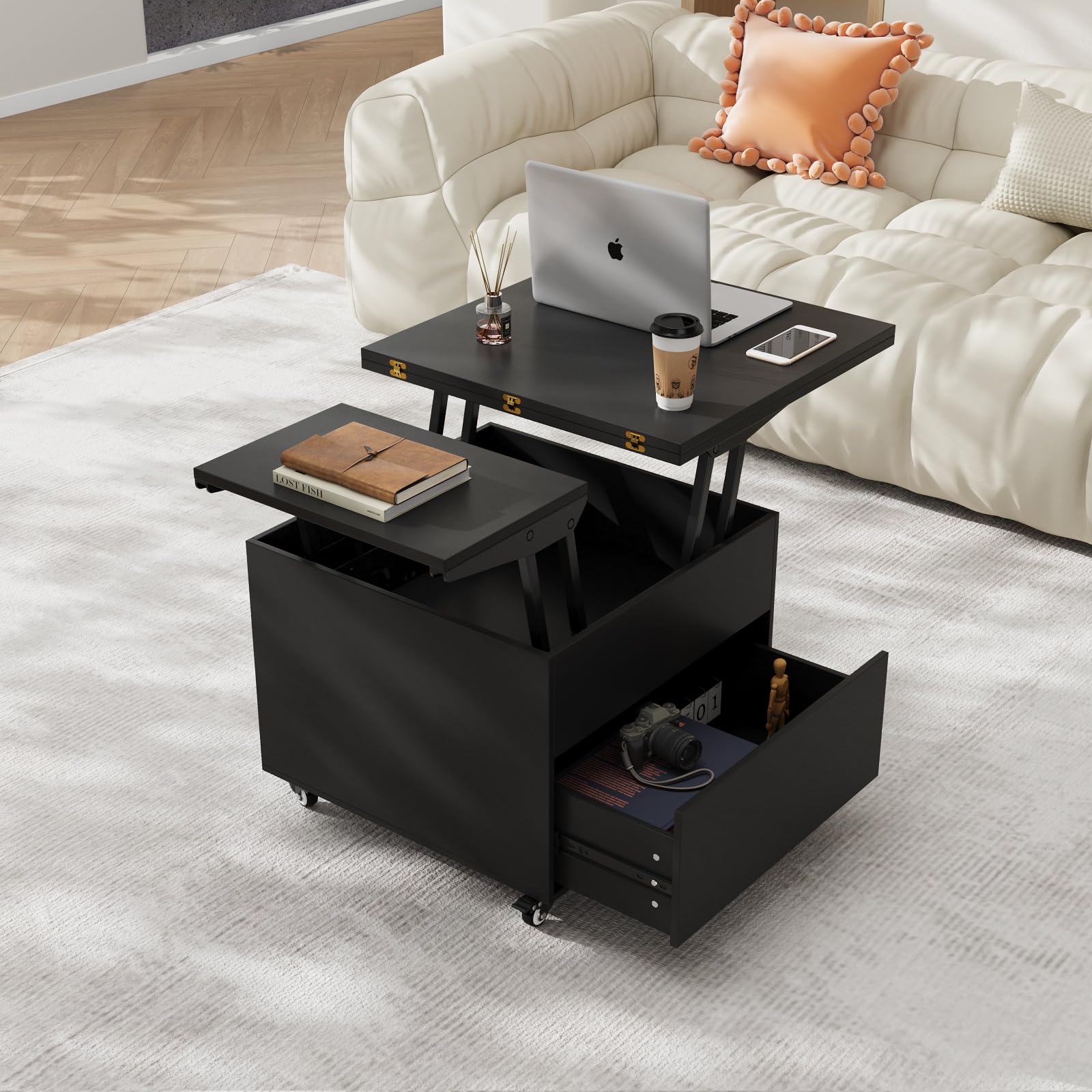 VOWNER Mesa de Centro Elevable Extensible (Negro) | Multifuncional 3 en 1, Convertible en Mesa de Comedor de Salón