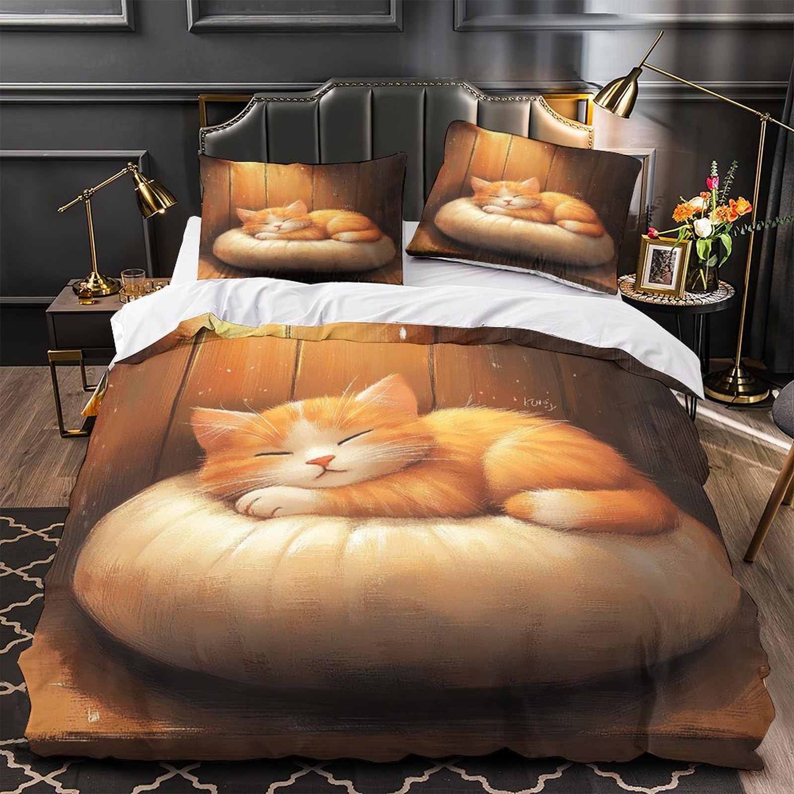 Drap de couette chat 3D en microfibre pour un lit king size sans plis