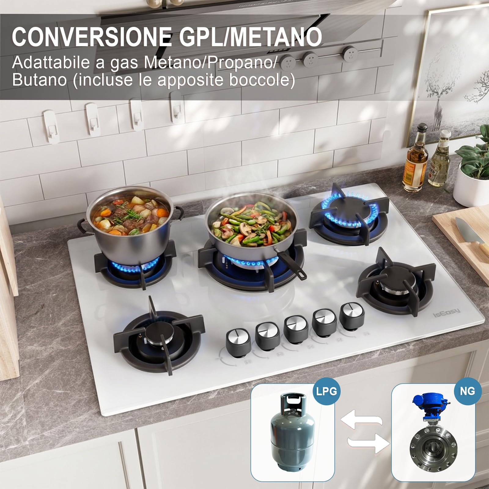 Piano Cottura Gas 5 Fuochi, Gas on Glass 77 cm da Incasso, Bruciatore Rapido, Bruciatore Wok, Precisa Regolazione della Fiamma(Dimensioni di taglio: 73 x 48 cm)