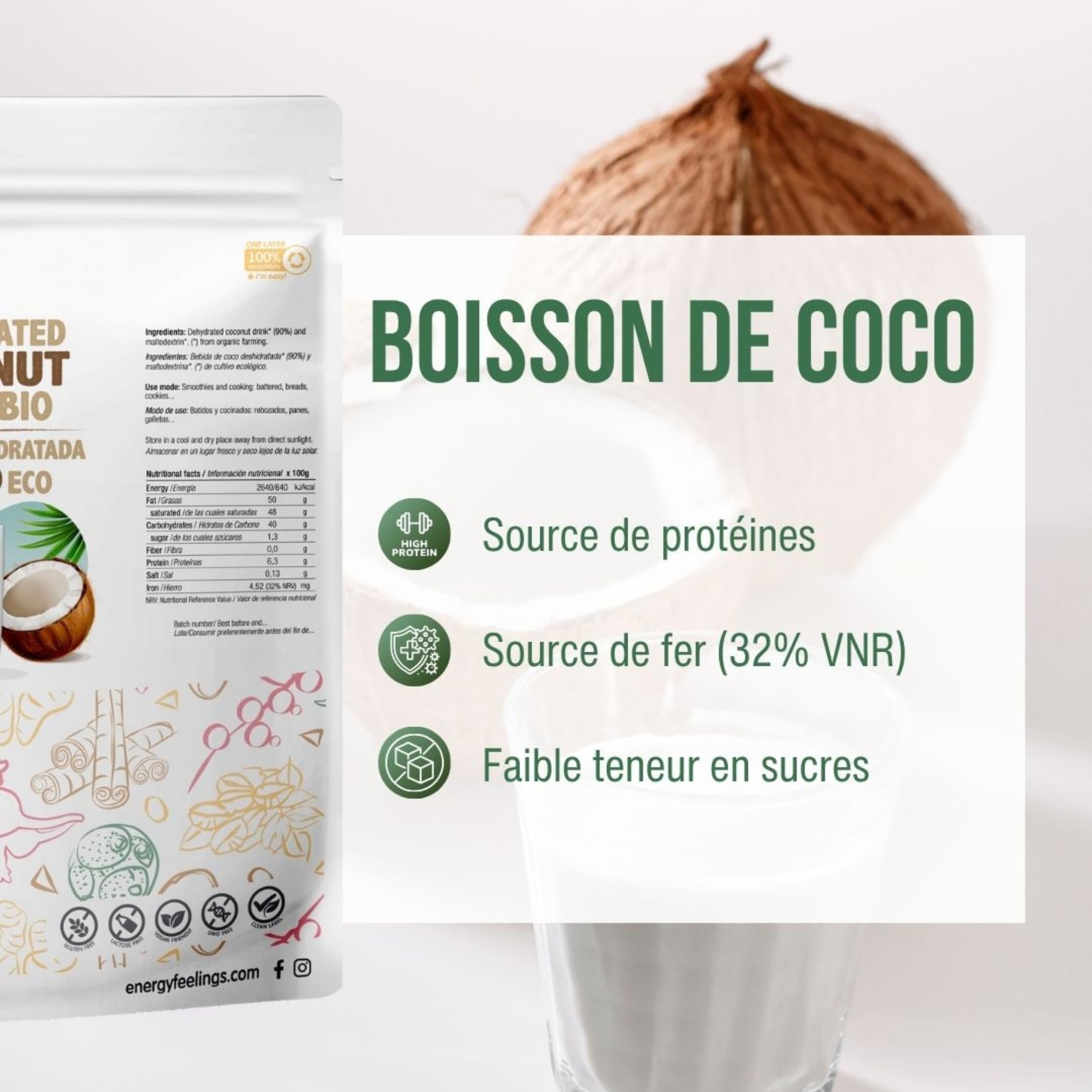 Energy Feelings Lait de Coco en Poudre Bio 1kg, Lait de Coco Bio Sans Sucre Ajouté, Sans Gluten ni Lactose, Vegan Powder, Organic