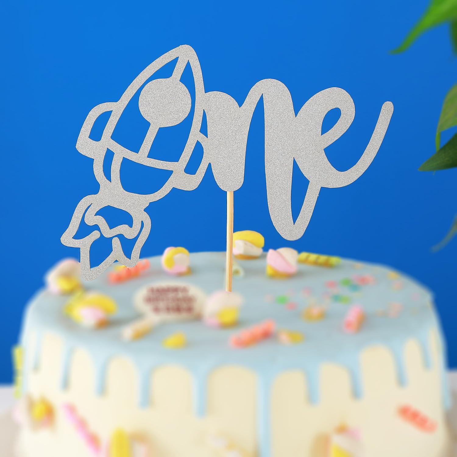 Topper Per Torta Rocket Spaziale - Decorazione Glitterata Argento Per 1° Compleanno, Tema Celestiale - Foto 3